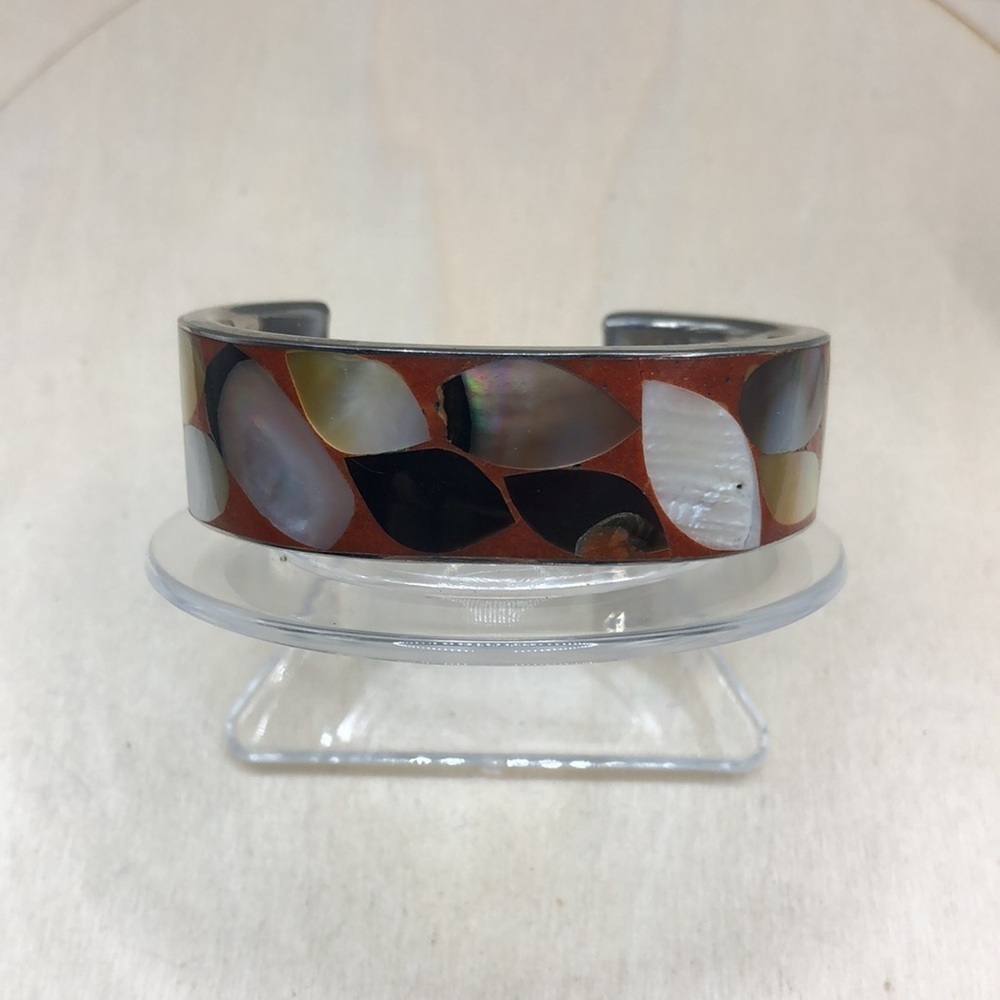 Vintage coral mop and onyx inlay cuff bracelet new old stock boho beach vacation